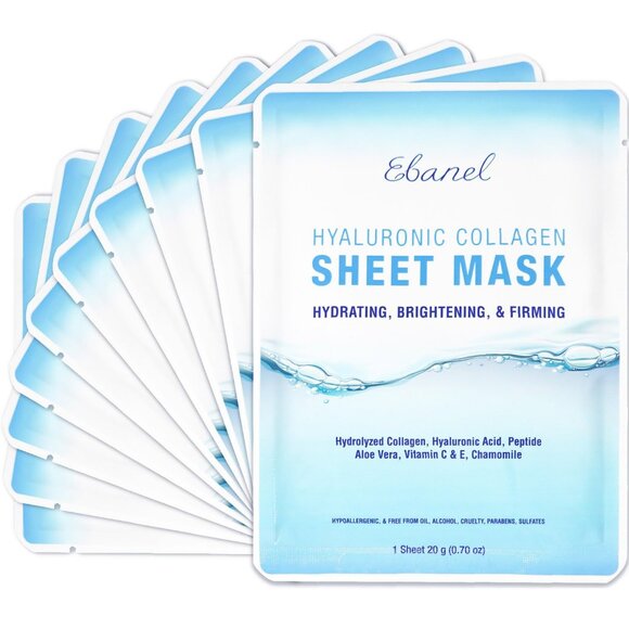 10 Pack Collagen Face Mask with Hyaluronic Acid, Vitamin C, Peptide, Aloe, Insta - Picture 1 of 8